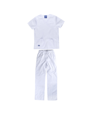 Conjunto unissexo de túnica e calça em tecido elástico.