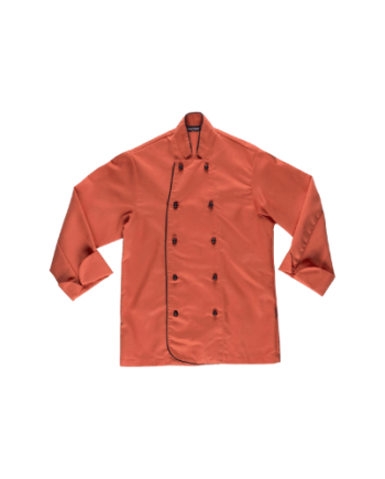 Jaleca de cozinha com vivos em contraste e botões de segurança.