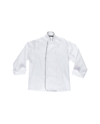 Casaca botões de segurança, manga comprida, sem bolsos, vivos em contraste.